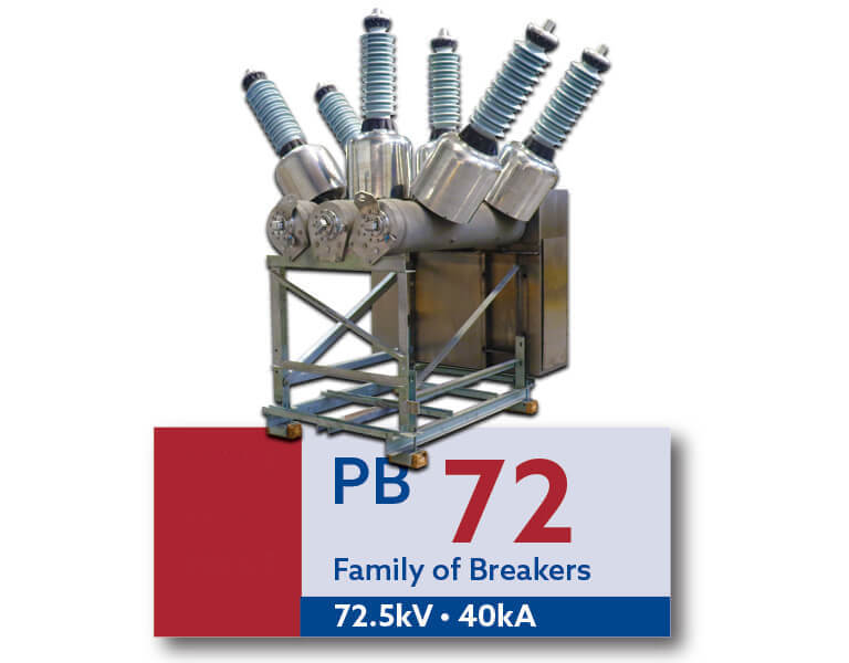 Built for 72kV class applications, the PB72 delivers 40kA interrupting performance using a spring mechanism and SF₆ self-blast interrupter—purpose-built for U.S. transmission needs.